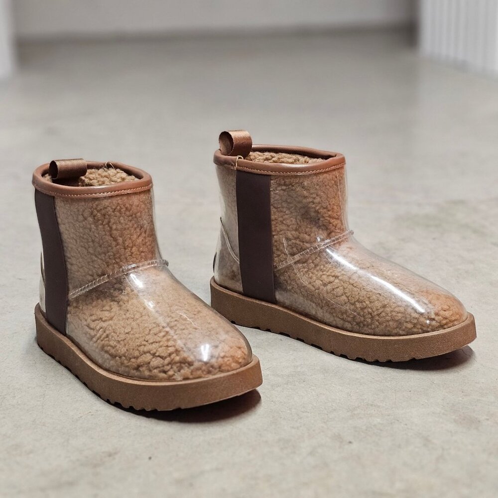 Clear Shearling-Lined Ankle Boots With Brown Trim & Rubber Sole For Women - Picture 2 of 11